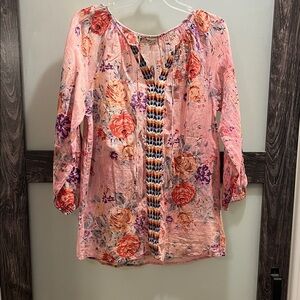 Elegant Floral Pink Blouse with Multicolor Details